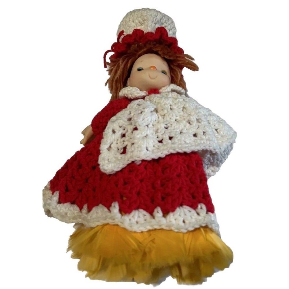 Vintage 1970s Doll Duster Crochet Red White Capote Feather Skirt Duster Mop